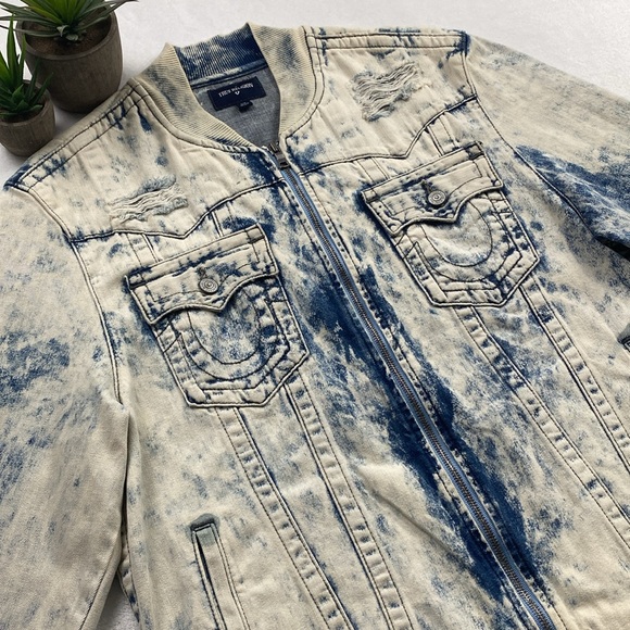 True Religion Jimmy Distressed Denim Acid Wash LS Bomber Jacket (White Tide) - Picture 5 of 16